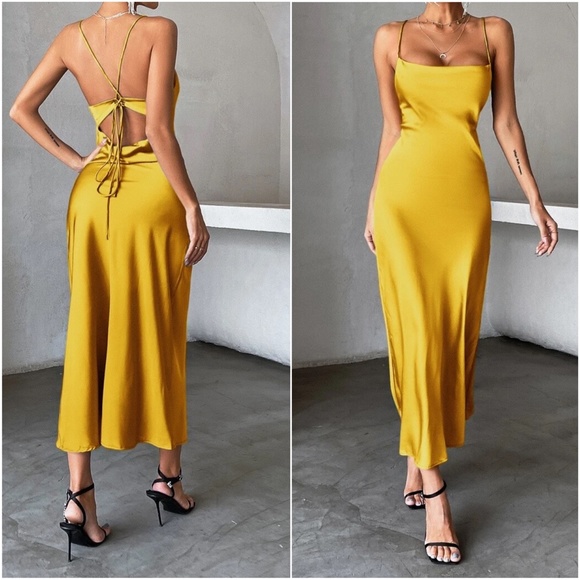 Luxe Satin Lace up back Backless Party Evening Dress - Picture 6 of 9